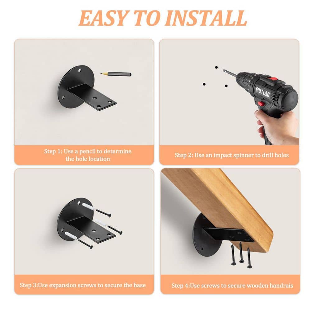 Unbranded 36 in. Wood Handrail with Matte Black Brackets for Cable Railing System Wall Mount Stair Safety Grip 1-Pack (3)