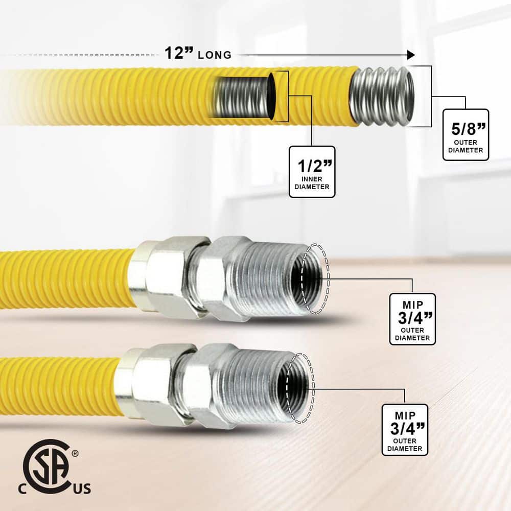 PLUMBFLEX 12 in. Gas Connector with Fittings, Yellow Coated Gas Connector, 5/8 in. OD, 3/4 in. MIP x 3/4 in. MIP Connection (3)