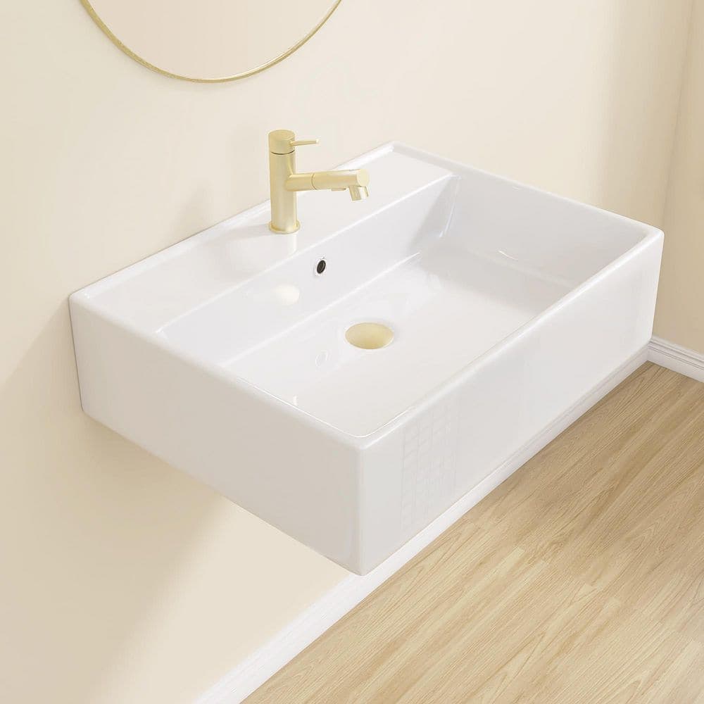 Getpro 22.5 in Ceramic Tiny Sink Wall-Mounted Rectangular Bathroom Sink with Single Faucet Hole in White Floating Vessel Sink