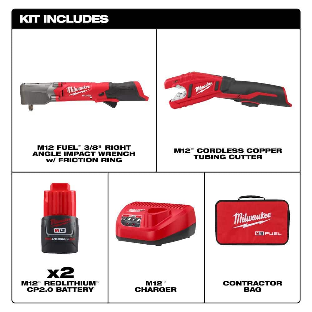 Milwaukee M12 FUEL 12V Lithium-Ion Brushless Cordless 3/8 in. Right Angle Impact Wrench Kit with Copper Tubing Cutter (2)