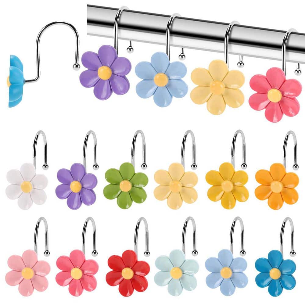 Wudkey 12-Piece 3D Floral Shower Curtain Hooks, Rustproof Resin Metal Shower Curtain Rod Rings for Bathroom Decor in Multicolor