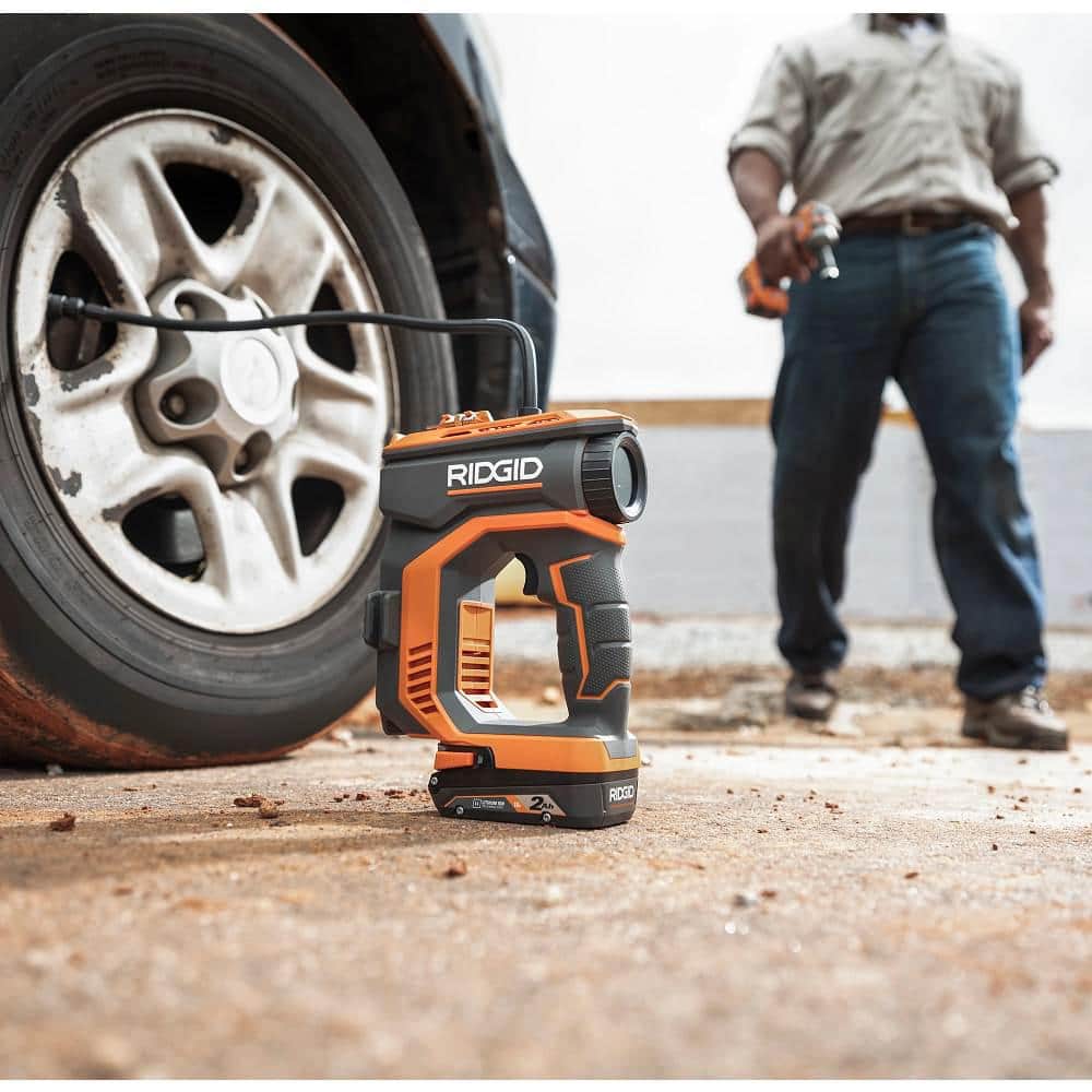 RIDGID 18V High Pressure Portable Inflator Kit with 2.0 Ah Battery, Charger, and USB Portable Power Source with Activate Button (3)