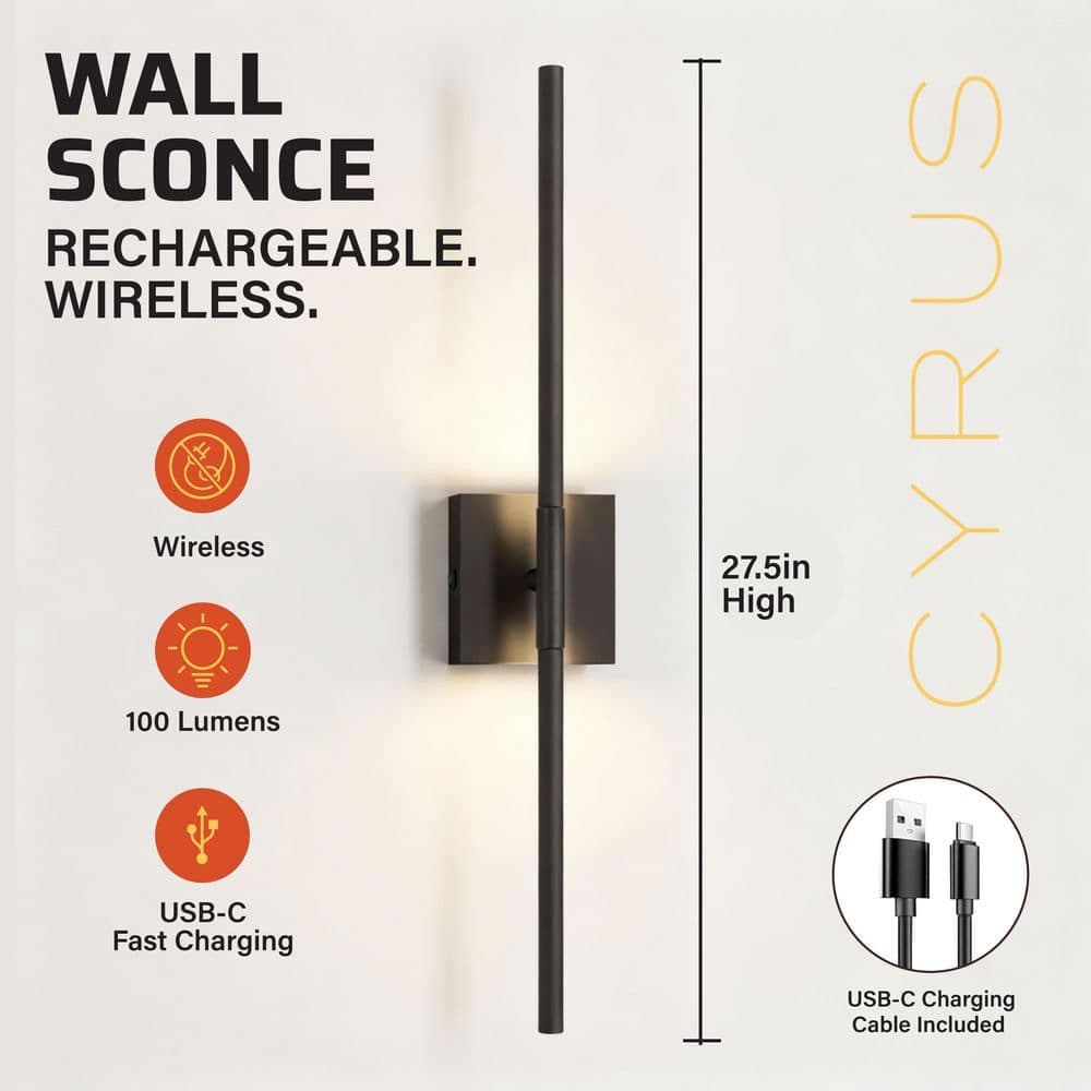 BETTERBEAM Cyrus 27.5 in. Black LED Rechargeable Wall Sconce (4)