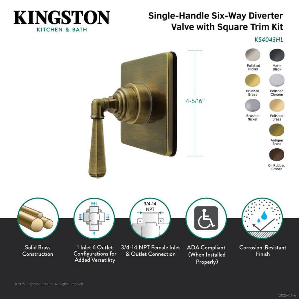 Kingston Brass Metropolitan 3/4 in. Single-Handle 1-Hole Wall Mount 6-Way Diverter Valve with Trim Kit in Antique Brass (2)