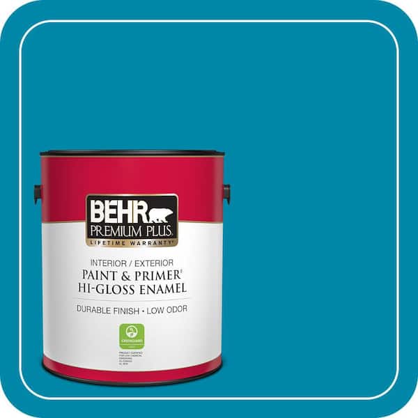 BEHR PREMIUM PLUS 1 gal. #P490-6 Hacienda Blue Hi-Gloss Enamel Interior/Exterior Paint & Primer (2)