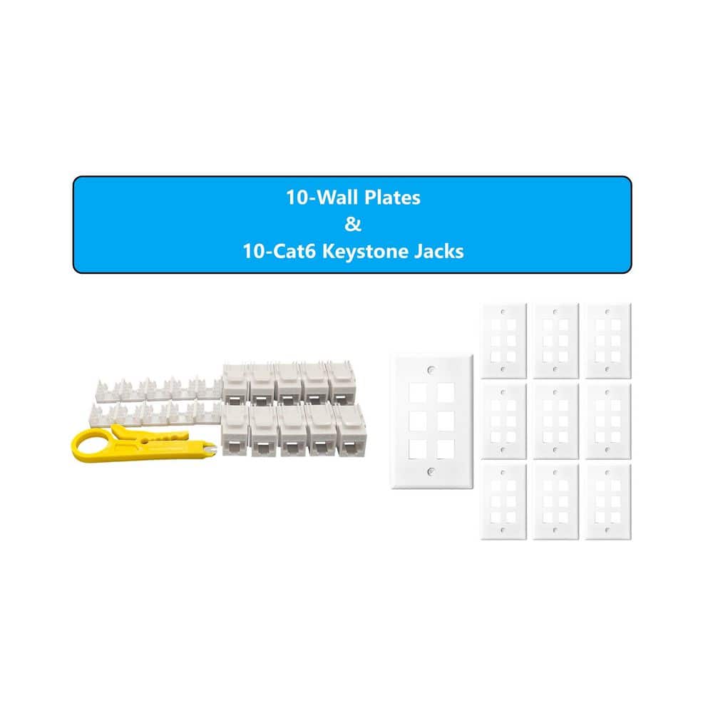 Micro Connectors, Inc 10-Pack 1-Gang White Keystone Plastic Wall Plates 6-Port and 10 Cat 6 RJ45 Keystone Jacks White (2)