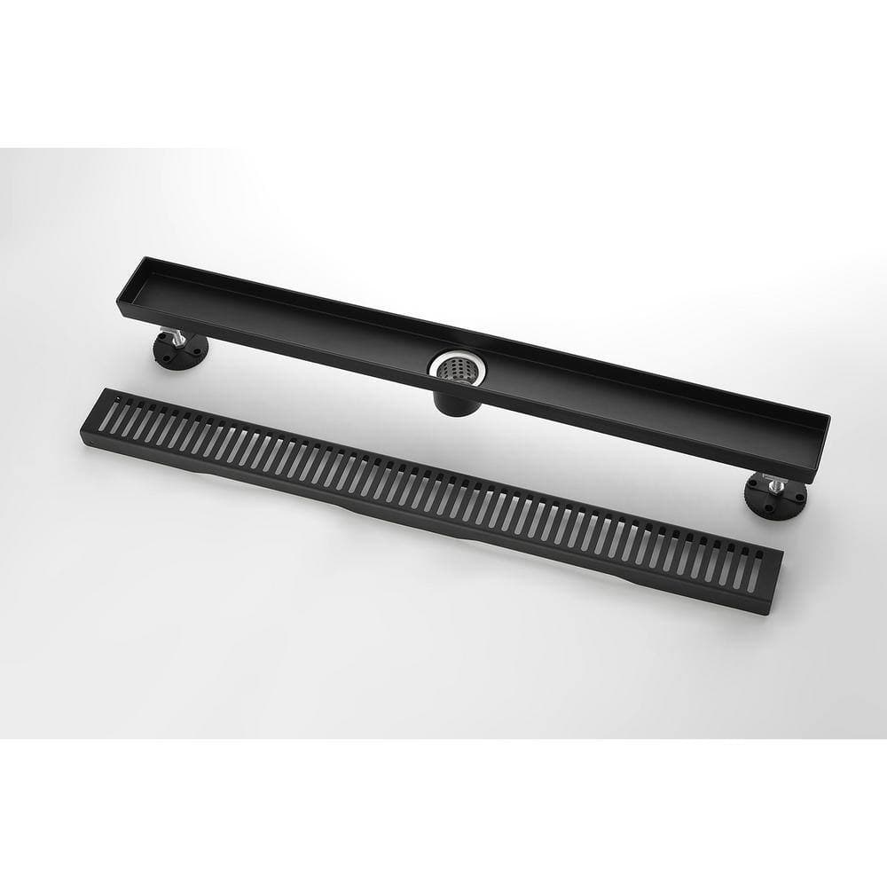 YONKI SUNSHIN INC 28 in. Linear Shower Drain Stainless Steel Shower Floor Drain with Hair Strainer and Leveling Feet in Matte Black (2)
