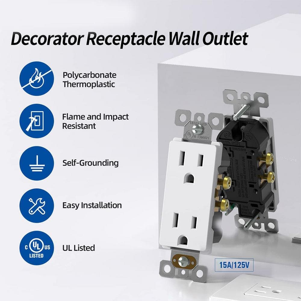 Yichuhaoxi Decorator White 15 amp Non-Tamper Resistant Self-Grounding Residential Grade Outlet with 2 Pole 3 Wire (3)