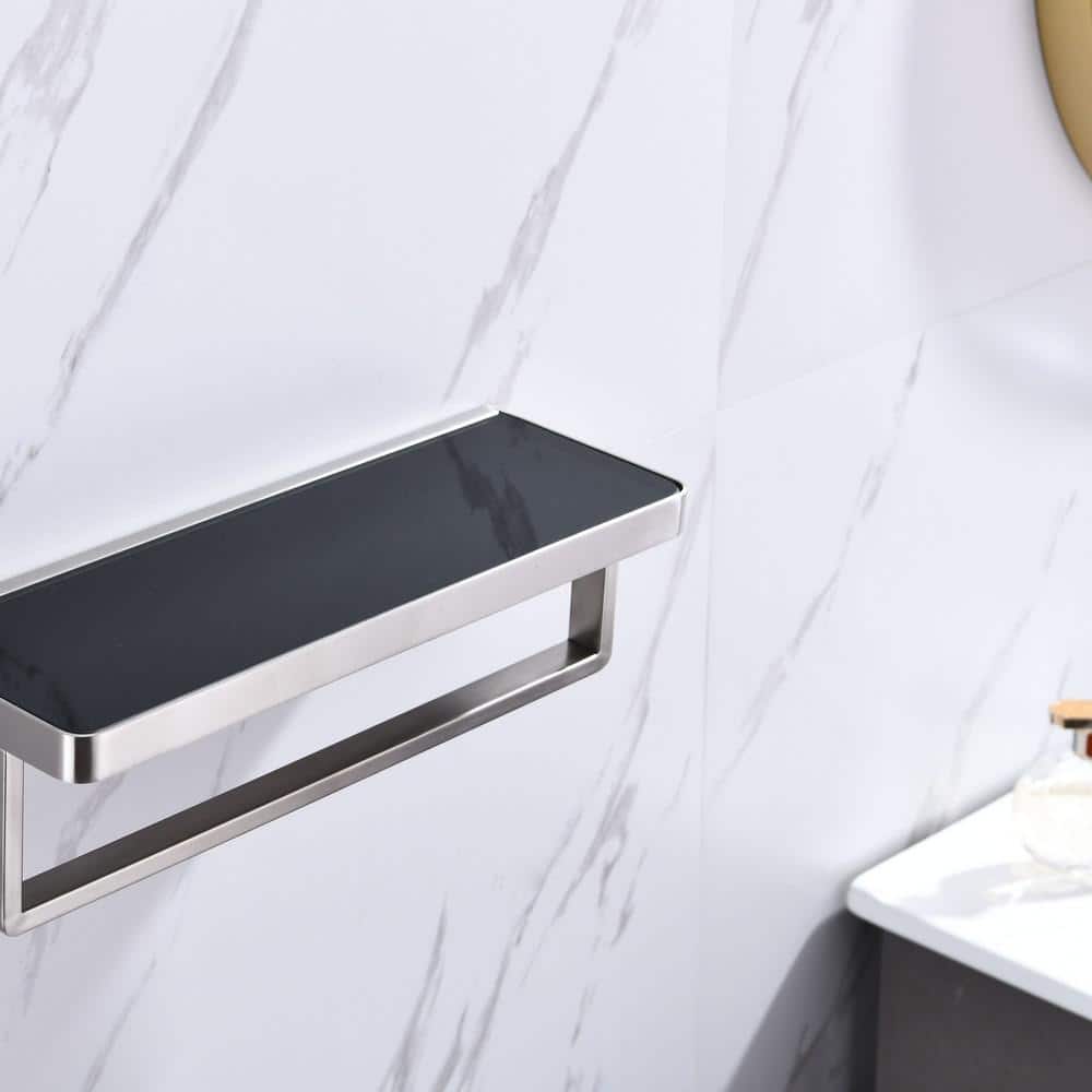 Lexora Bagno Bianca Stainless Steel Black Glass Shelf with Towel Bar in Gun Metal (3)