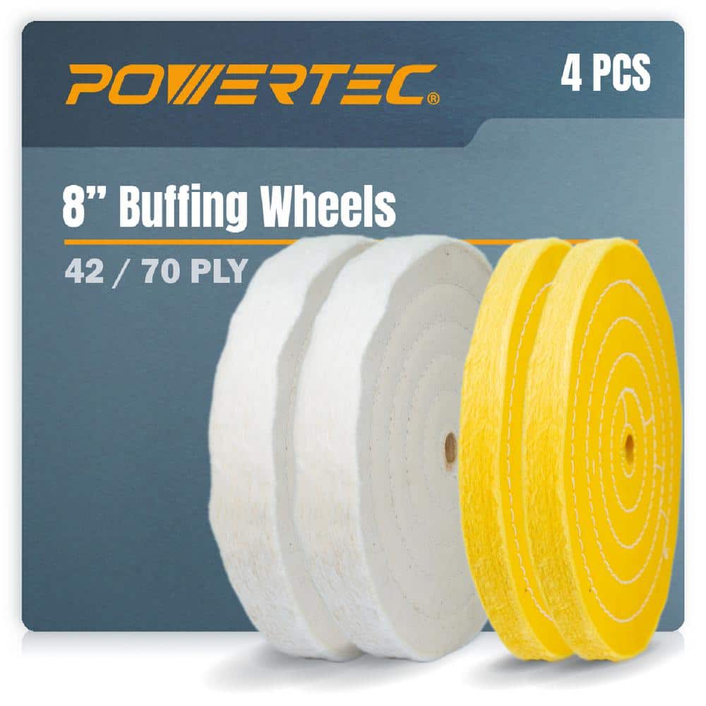‎POWERTEC 8 in. Buffing Wheels, White Cotton (70 ply) and Yellow Cotton (42 ply), 5/8 in. Arbor Hole Polishing Wheels (4-Pack) (1)