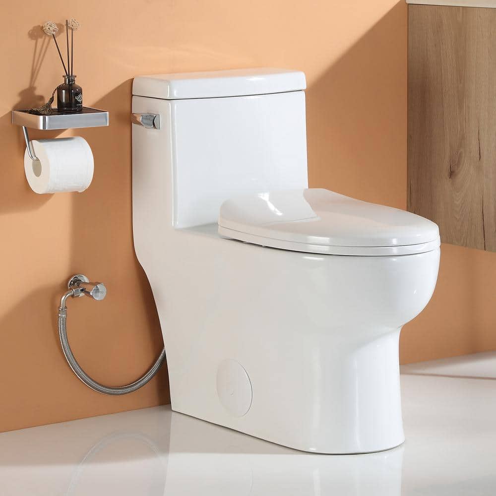 HOROW 1-Piece 1.28 GPF Compact Single Flush Elongated Toilet in. White, Comfort Seat Included (1)