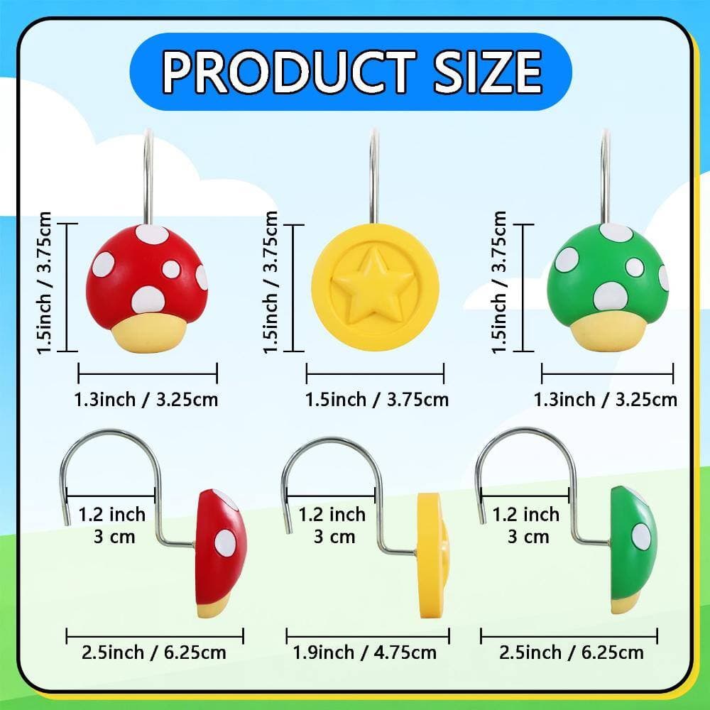 Unbranded 12 Pieces Mushroom Shaped Shower Curtain Hooks Rings in Red Green and Yellow for Bathroom Decor (3)