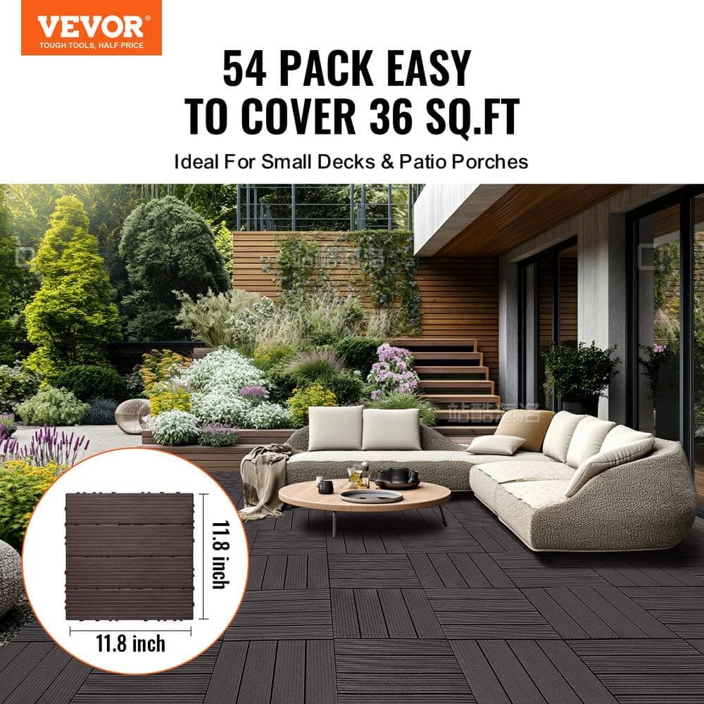 VEVOR Interlocking Deck Tiles 11.6 in. x11.6 in. 54 sq. ft. Plastic Waterproof Outdoor Flooring Composite Dark Brown (54-Pack) (2)