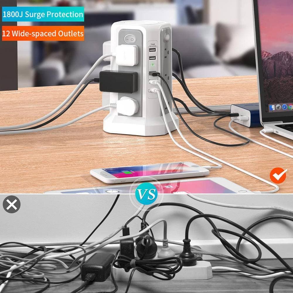 Lukyamzn 12-Outlet Power Strip Surge Protector 1800 Joules with 5-USB Charging Port and 10 ft. Extension Cord in White (2)