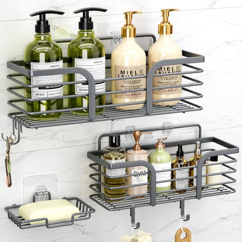 Whatseaso 11.5 in. Stainless Steel Wall Mounted Shower Organizer with Soap Holder and Hooks in Dark Gray (3)