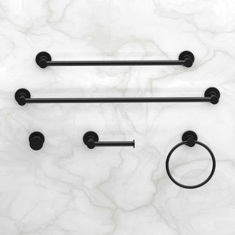 Glacier Bay Lucien 3-Piece Bath Hardware Set with Towel Bar Paper Holder Towel Ring in Matte Black (2)