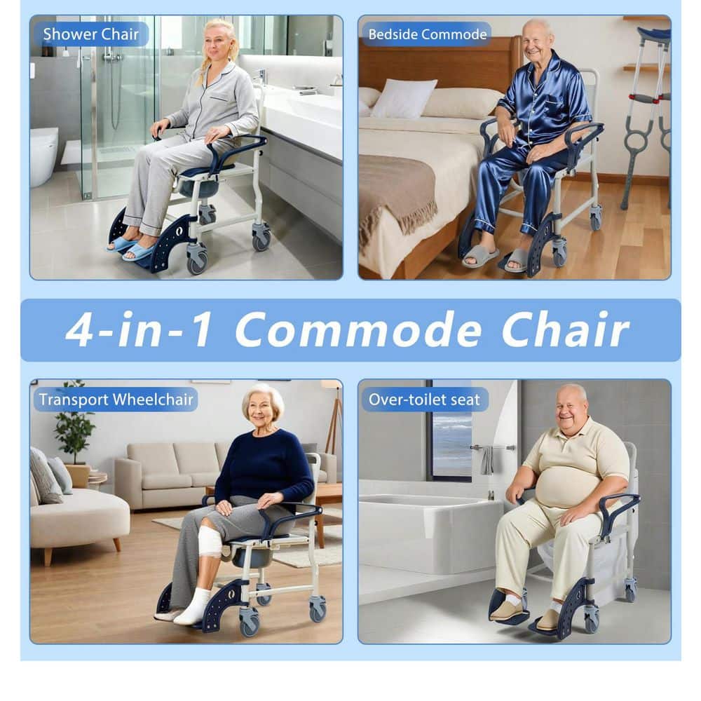 Numhew 4-in-1 Rolling Shower Chair with Wheels for Elderly and Disabled Adults, Padded Toilet Seat, Bedside Commode (2)
