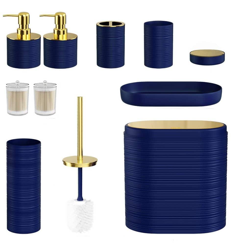 Numhew 10-Piece Bath Accessory Set with Trash Can, Soap Dispensers in Blue and Gold for Bath Guest Bathroom Hotel Restroom (1)