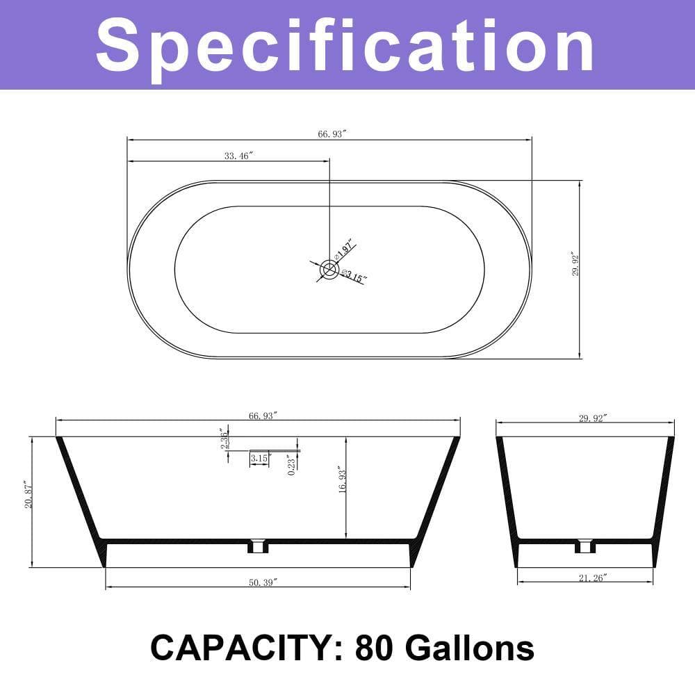 COWINER 67 in. x 30 in. Matte White Solid Surface Stone Resin Freestanding Flatbottom Soaking Bathtub with Center Drain (3)