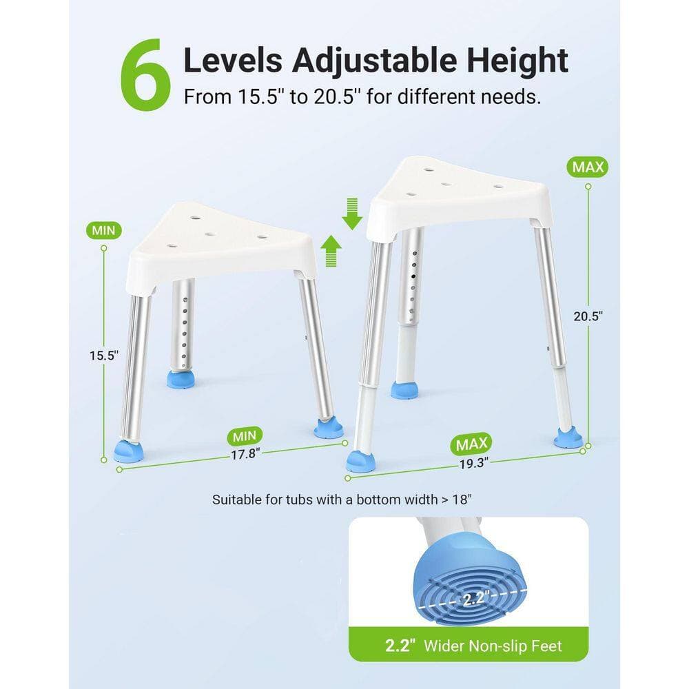 Wudkey Triangular Shower Chair in White, Adjustable Shower Stool for Shower, Non-Slip Plastic Bathtub Chair with Stable Bracing (2)