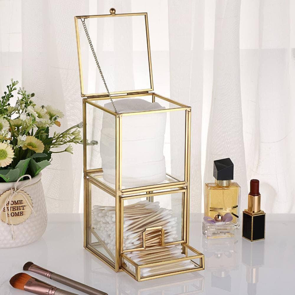 Unbranded Clear Glass Qtip Holder with Gold Metal Frame and 2-Compartment Lid for Cotton Balls and Swabs in Gold (2)
