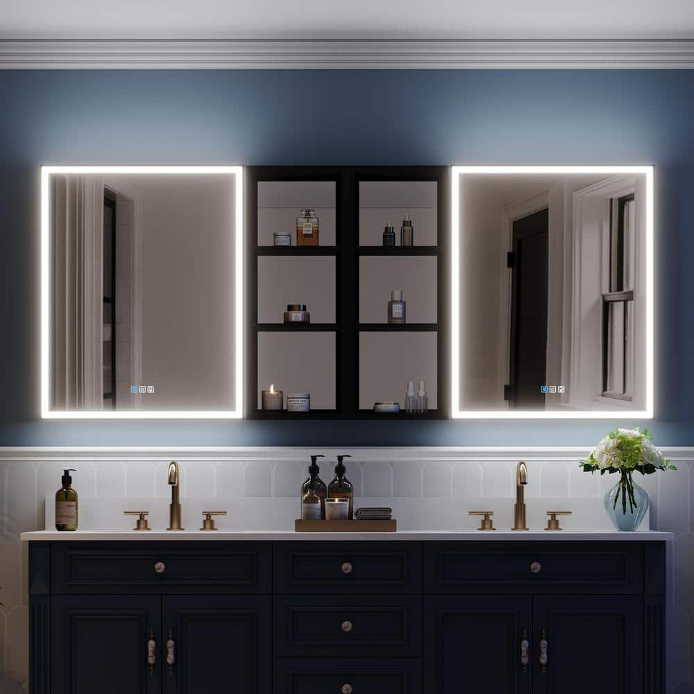 ANGELES HOME 72 in. W. x 30 in. H Rectangular Black Aluminum Recessed/Surface Mount LED Medicine Cabinet with Mirror, Double Doors