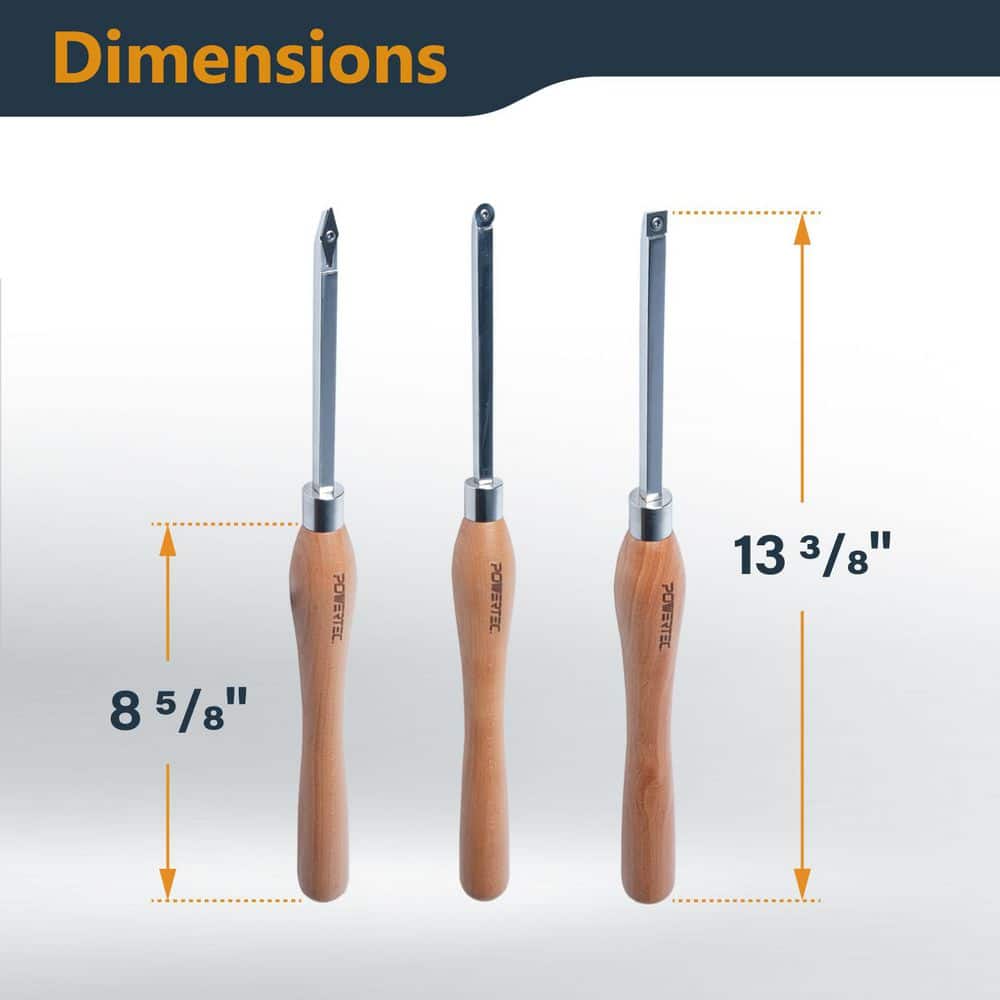 ‎POWERTEC 3-Piece Carbide Wood Lathe Tools with Flat Edge Square, Round and Diamond, T15 Star Key Wrench (3)