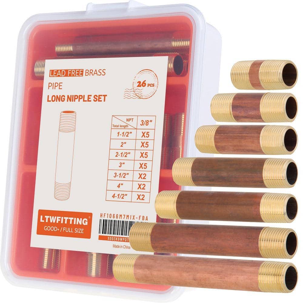 LTWFITTING Assortment Kit (1-1/2 in. 2-1/2 in. 3-1/2 in. 4-1/2 in.) x 3/8 in. Male NPT Brass Pipe Long Nipple Set (26-Pack) (1)