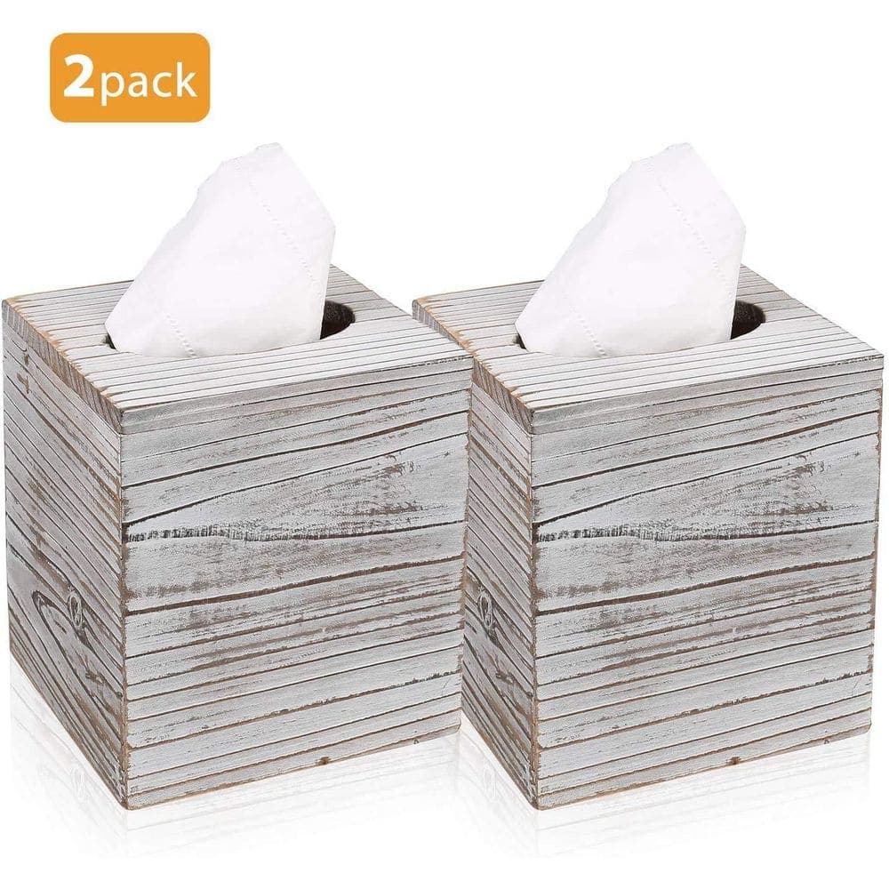 KHKFY Square Pine Wood Tissue Box Cover with Slide-Out Bottom Panel Set of 2 for Bathroom Vanity and Desk (2)