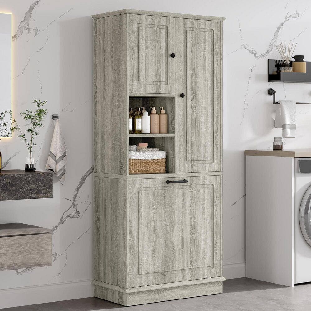 Unbranded 29.9 in. W x 14.2 in. D x 67.7 in. H Oak Gray Linen Cabinet with Adjustable Shelves (2)