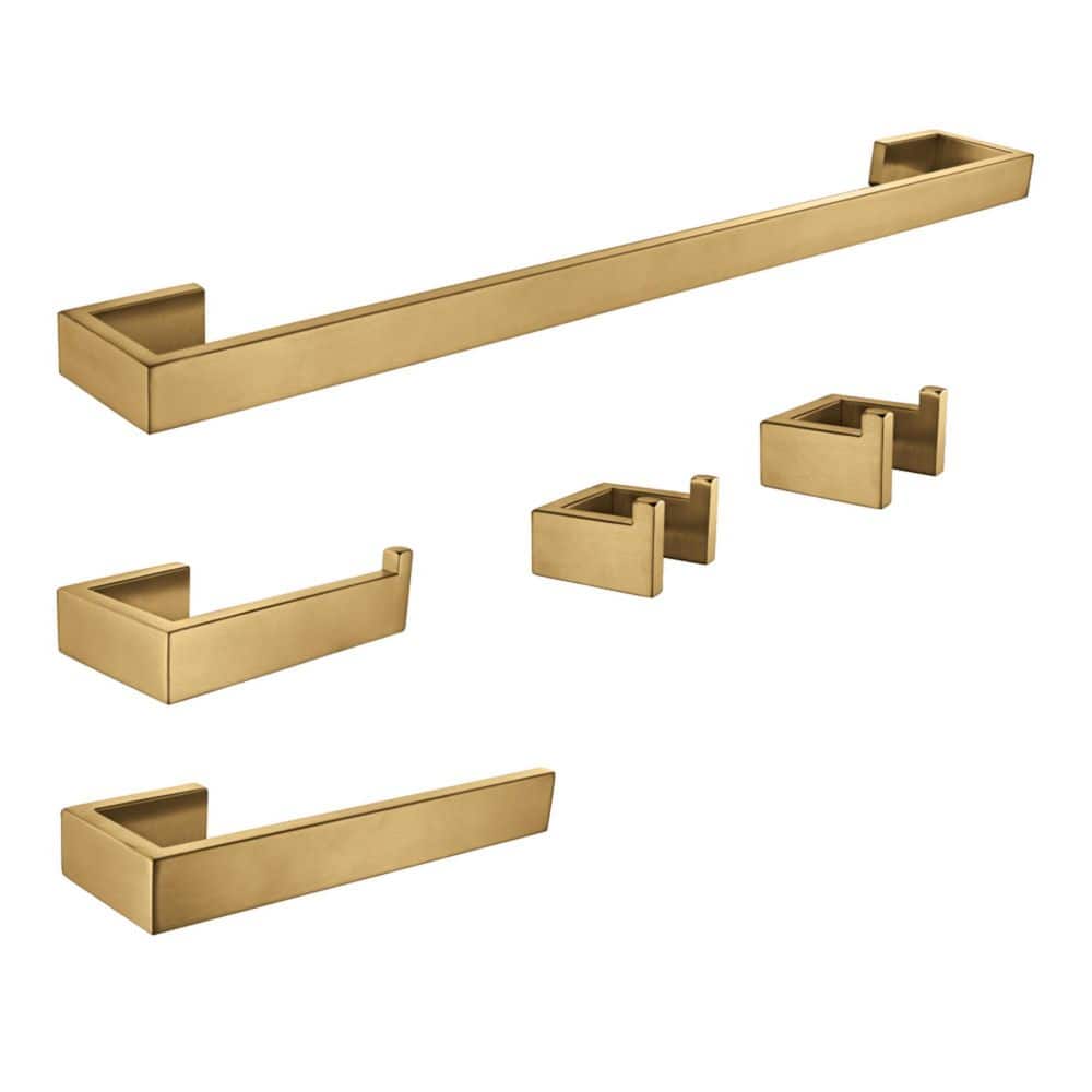 Kingston Brass Lasdun 5-Piece Bathroom Accessory Set with 18" Towel Bar in Brushed Brass (1)