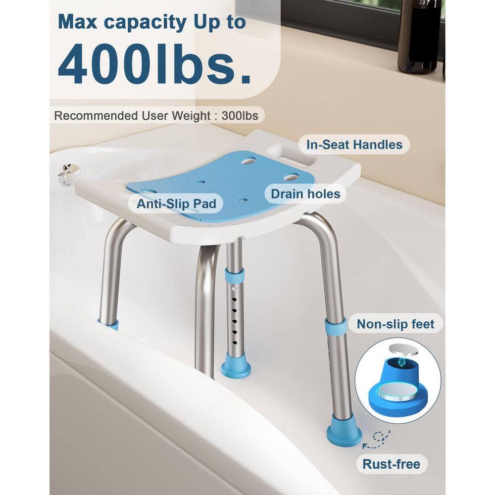 Wudkey 17 in. W Heavy-Duty 400 lb Adjustable Shower Stool with Suction Feet, Aluminum Shower Seat in Light Blue (3)