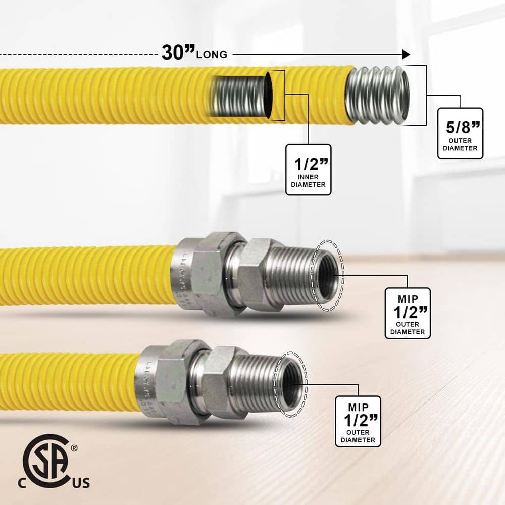 PLUMBFLEX 30  in. Gas Connector with Fittings, Yellow Coated Gas Connector, 5/8 in. OD, 1/2 in. MIP x 1/2 in. MIP Connection (2)