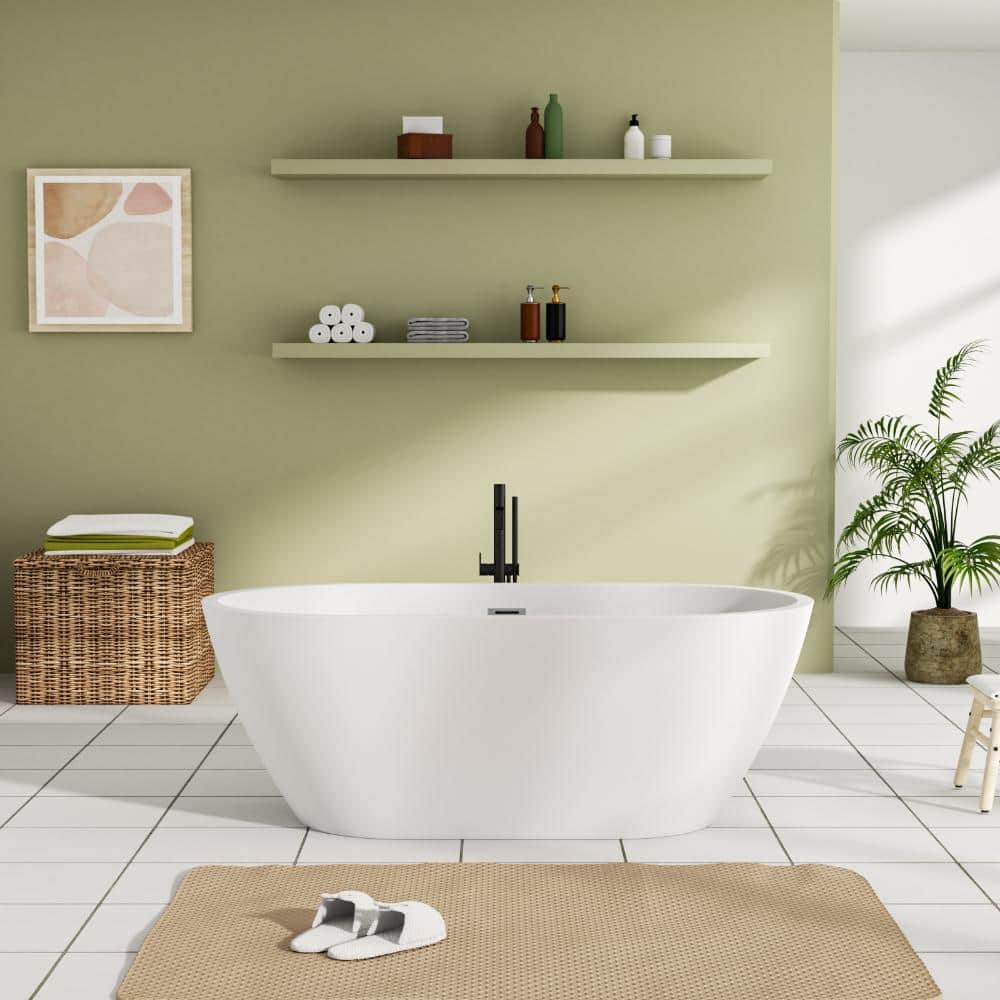 Kichae 59.06 in. x 29.53 in. Oval Freestanding Acrylic Bathtub White Contemporary Soaking Tub with Drain and Overflow (2)