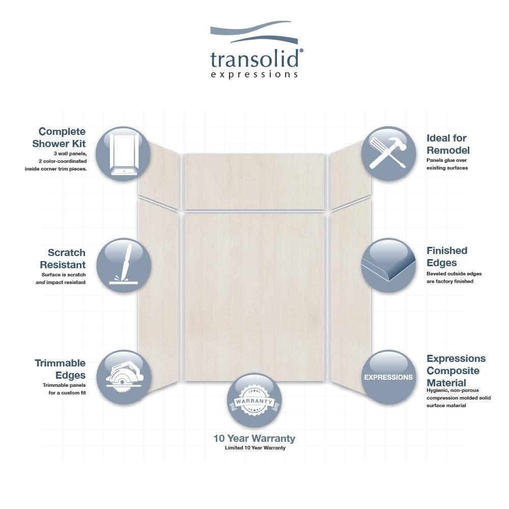 Transolid Expressions 48 in. x 60 in. x 96 in. 4-Piece Easy Up Adhesive Alcove Shower Wall Surround in Bleached Oak (3)