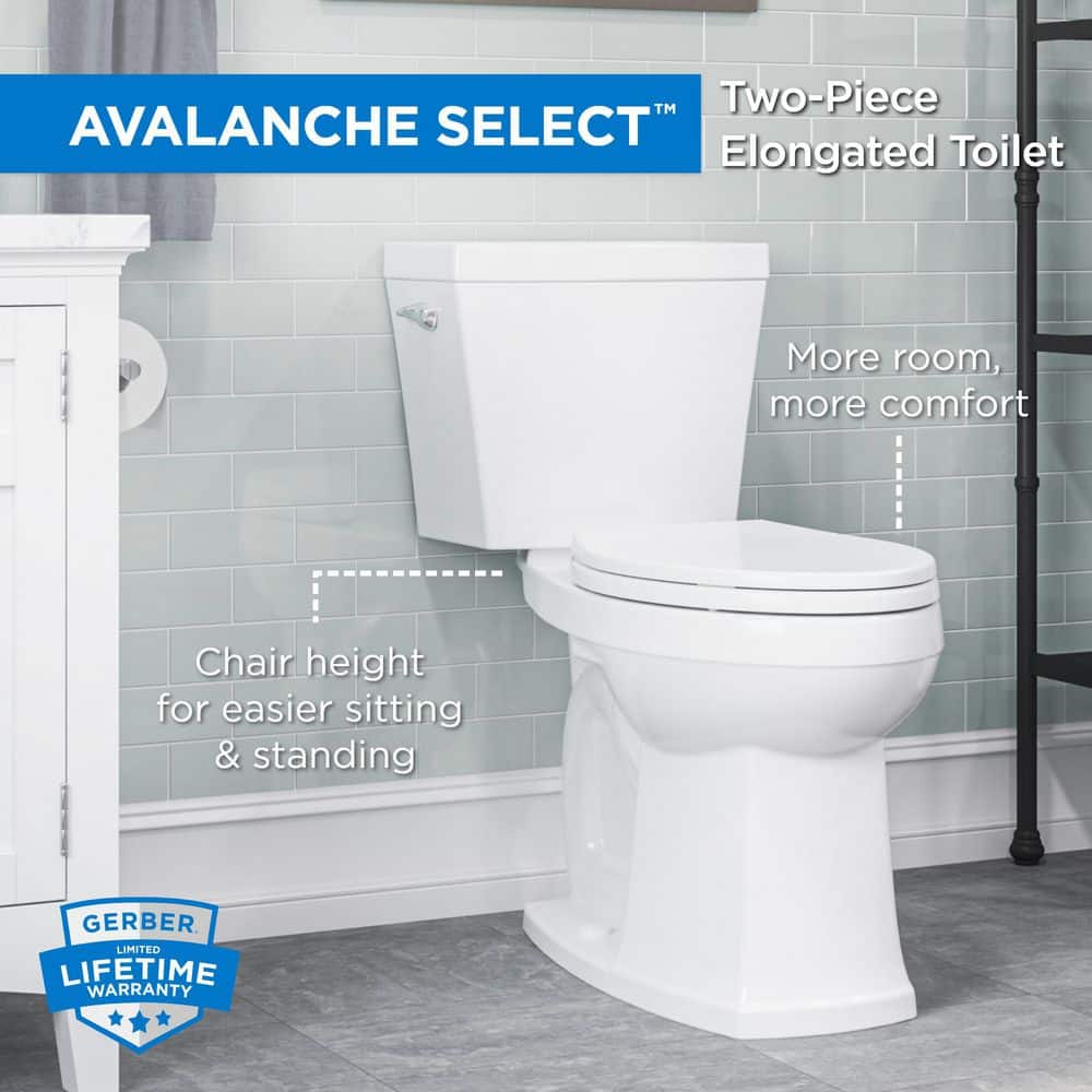 Gerber Avalanche Select 12 in. Rough-in 2-Piece 1.28 GPF Single Flush Elongated Chair Height Toilet in White Seat Included (2)
