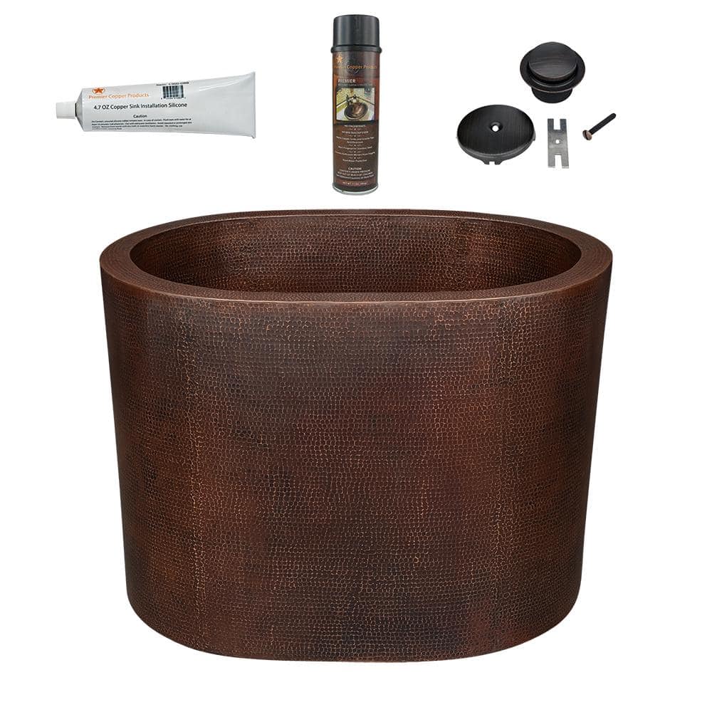 Premier Copper Products 48 in. x 36 in. Hammered Copper Oval Japanese Soaking Bathtub and Drain Package in Oil Rubbed Bronze (2)