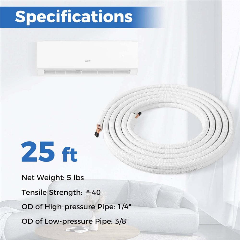 Costway 25 ft. Air Conditioning Copper Tubing Hose Extension for Mini Split AC Includes 1/4 in. and 3/8 in. O. D. Pipes (2)