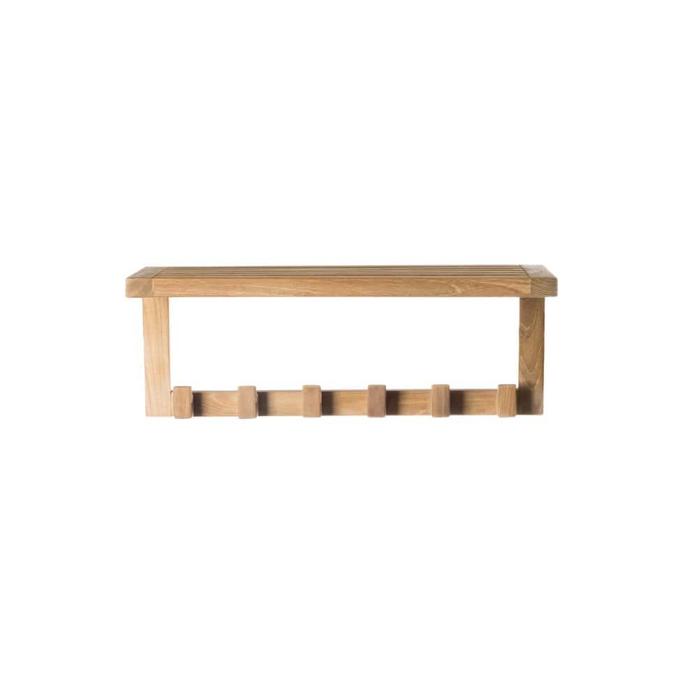 ARB Teak and Specialties 23.50 in. x 9 in. Wall Shelf in Natural Teak with 6-Hooks