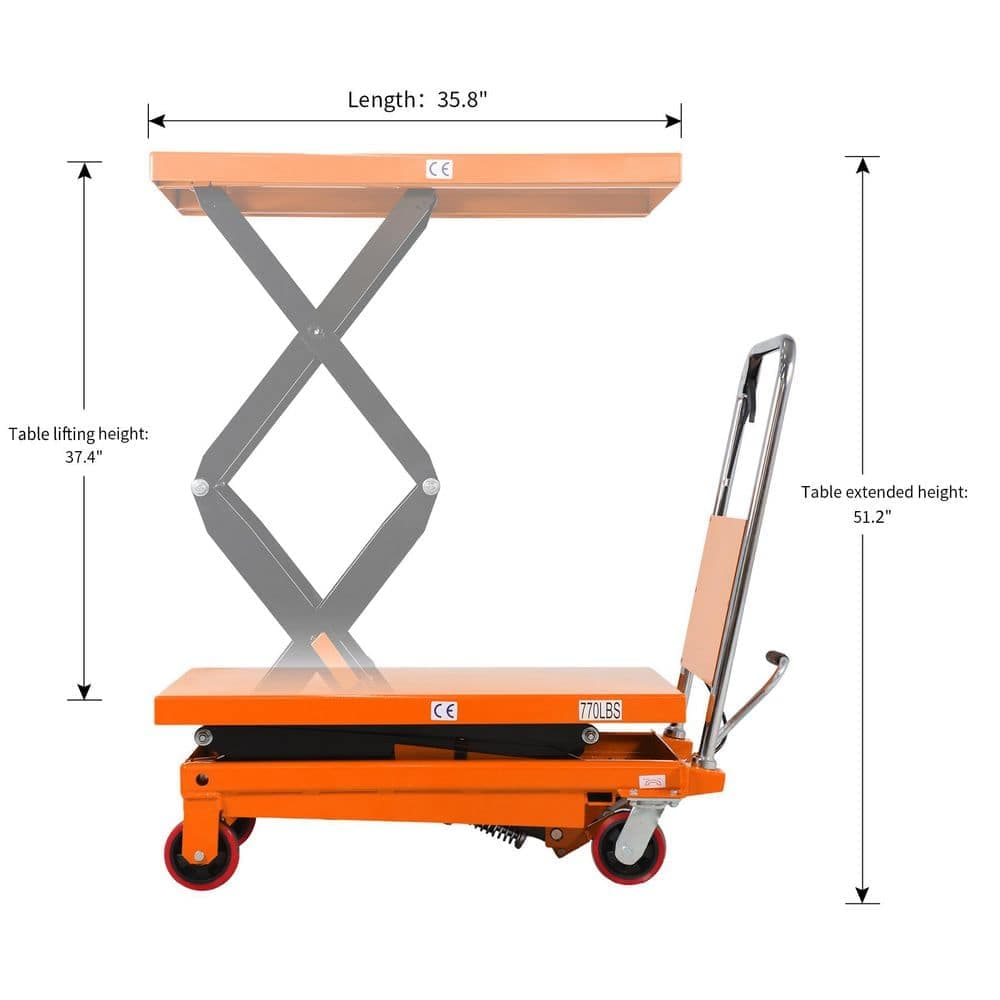 TORY CARRIER Hydraulic Lift Table Cart 770 lbs. Double Scissor Lift Table 35.8 in. x 19.7 in. Platform Size 51.2 in. Max Lift Orange (3)