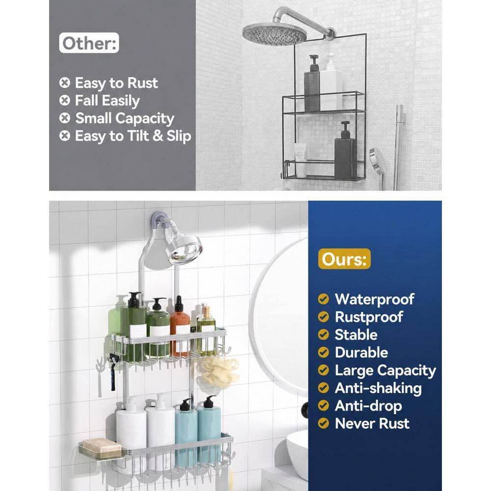 Anqtovp Hanging Anti-Rust Aluminum 2-Tier Shower Caddy with Soap Dish and Removable Hooks in Bright Silver (2)