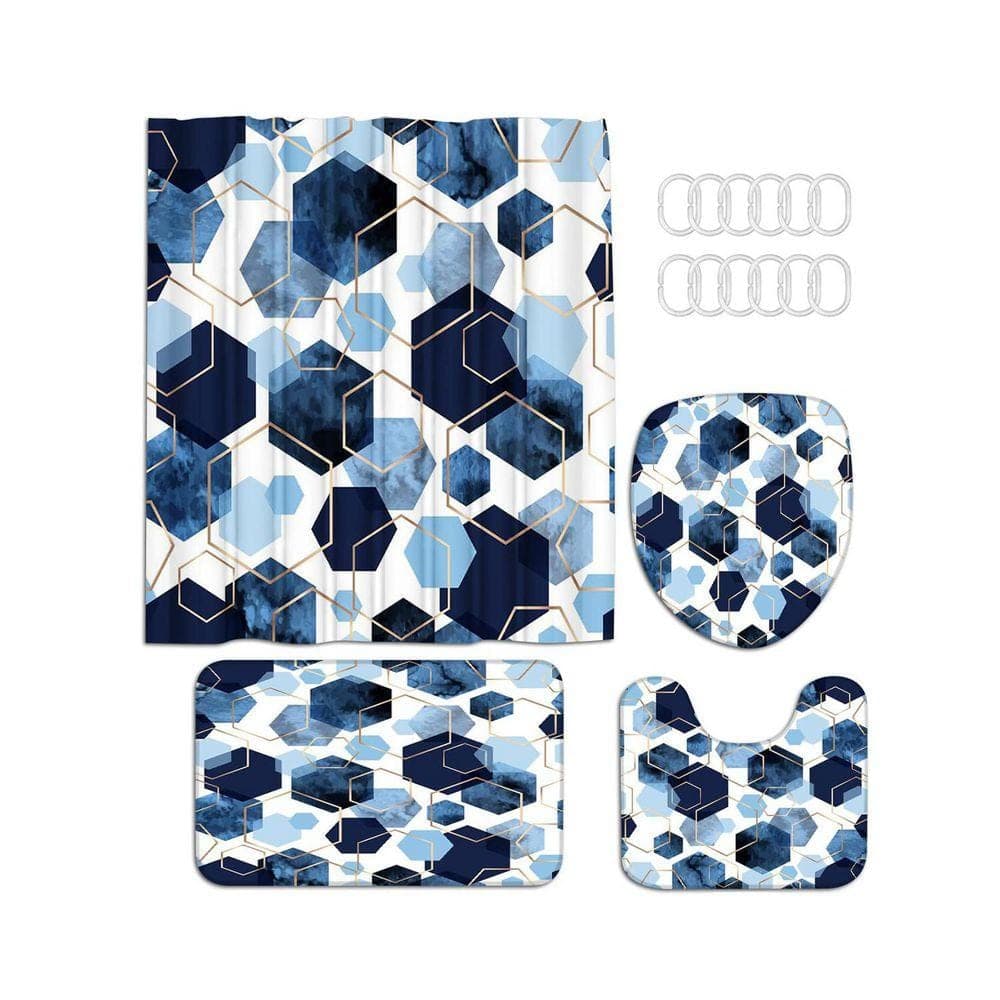 Unbranded 70.8 in. W x 70.8 in. L Polyester Shower Curtain Set Sky Blue Geometric Navy Abstract Art with 12 Hooks Rugs Mat (1)