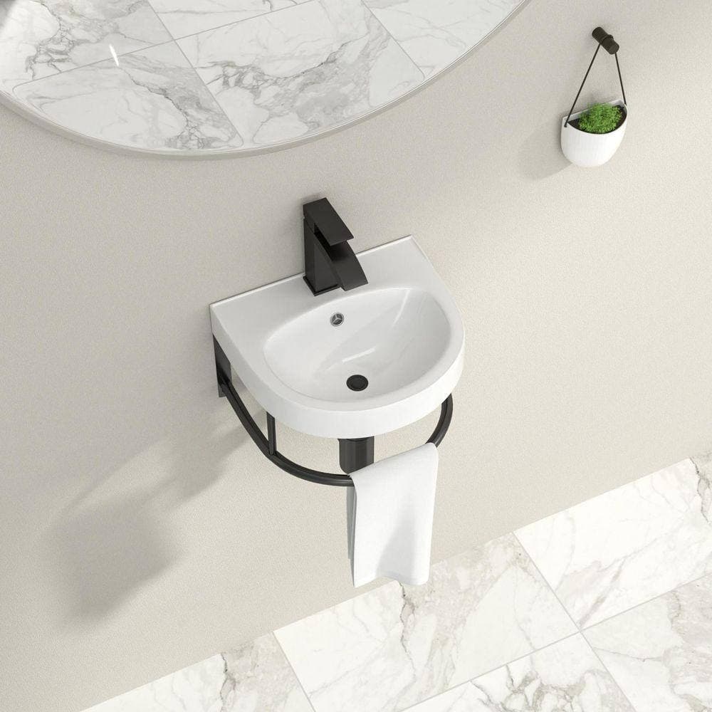 Logmey 16 in. Ceramic Wall-Mounted Bathroom Sink in White with Faucet and Black Towel Bar (2)