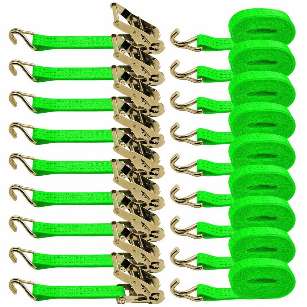LAIFUCAM 12ft x 1.5in Ratchet Tie Down Strap Double J Hook Heavy Duty 8 Pack Green 2200lbs Working Load for Truck Cargo (1)