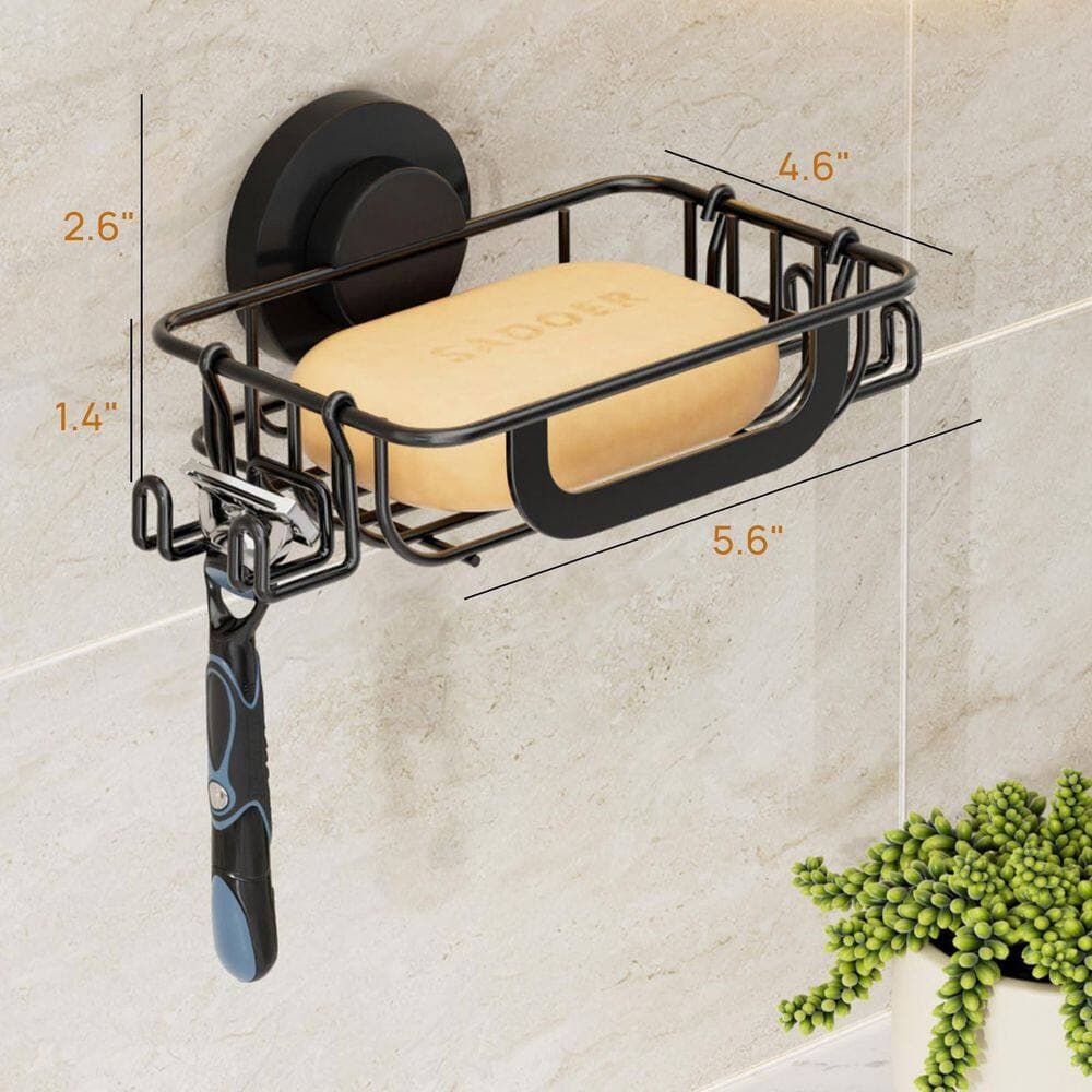 Numhew Suction Cup Mount Rustproof Stainless Steel Soap Dish Shower Caddy with Hooks in Black for Shower (2)