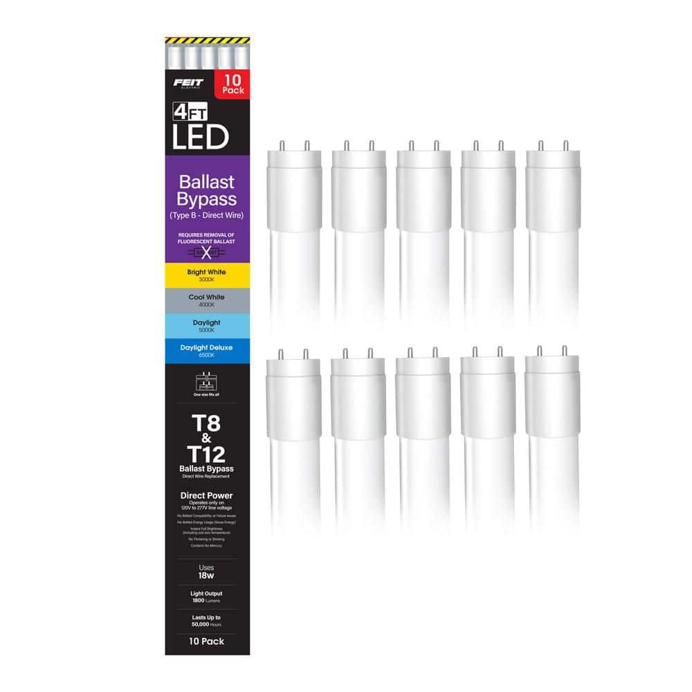Feit Electric 18-Watt 4 ft. T8/T12 G13 Type B Ballast Bypass Linear LED Tube Light Bulb, Selectable White (10-Pack) (2)