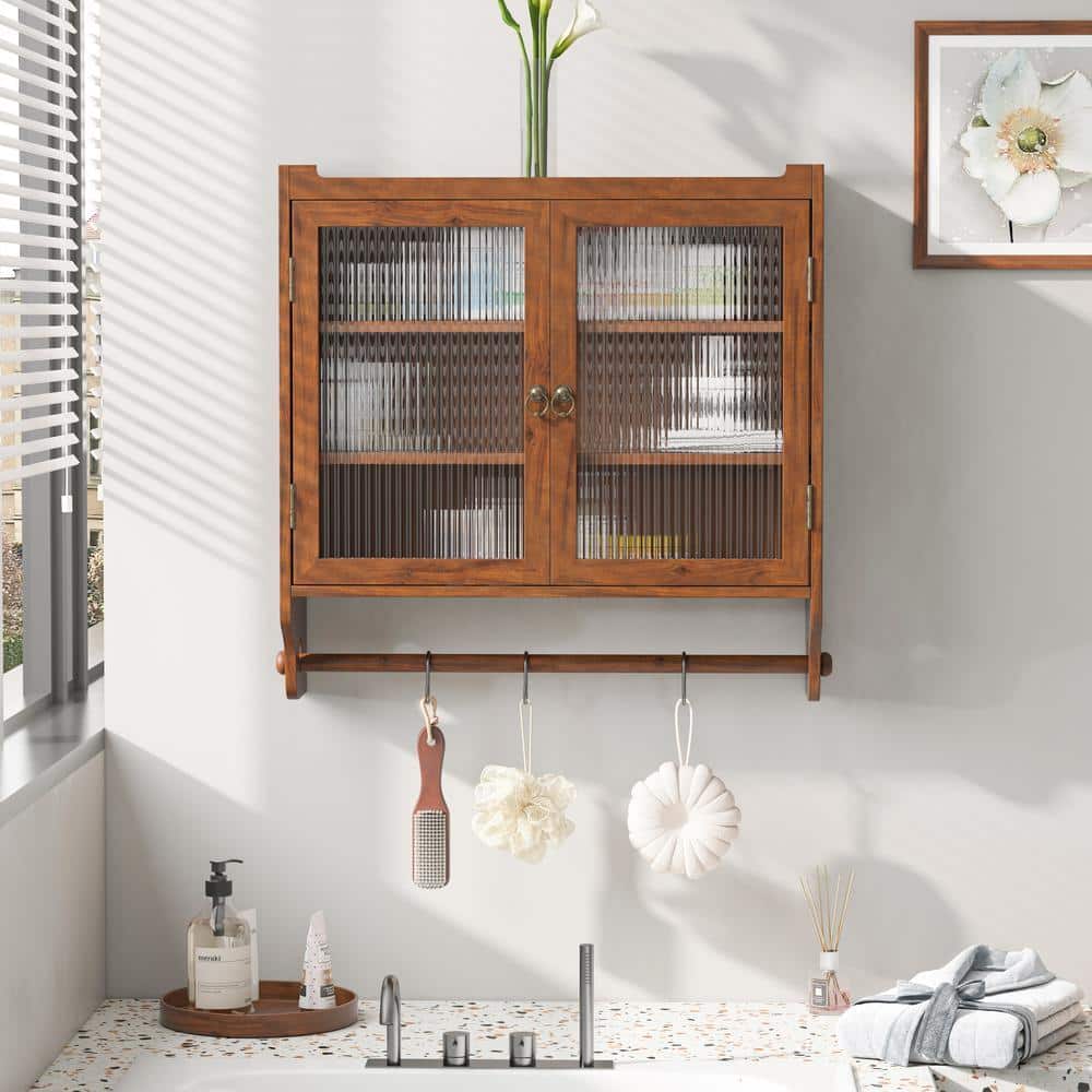 IDEAGLE 24.8 in. W x 7 in. D x 23.62 in. H Bathroom Storage Wall Cabinet Double Glass Door with 3 Shelves and Towel Rack Brown (2)