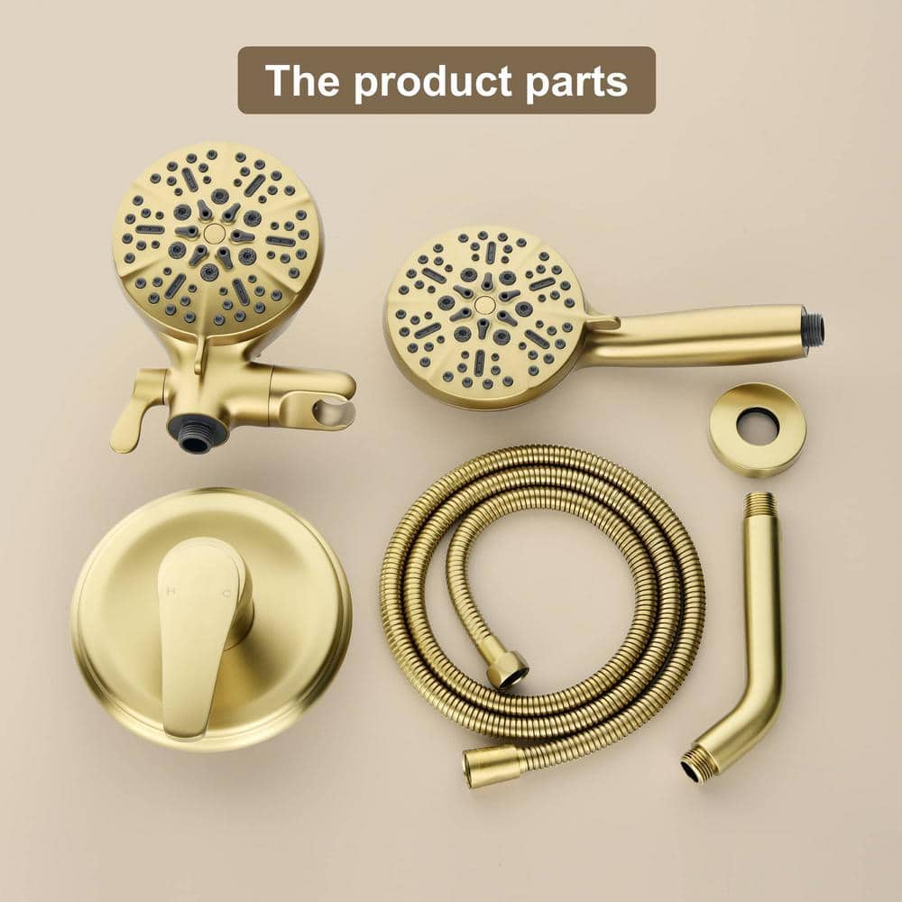 FLG Single-Handle 7-Spray 2 in 1 Shower Faucet with Valve and Dual Shower Head in Brushed Gold (3)
