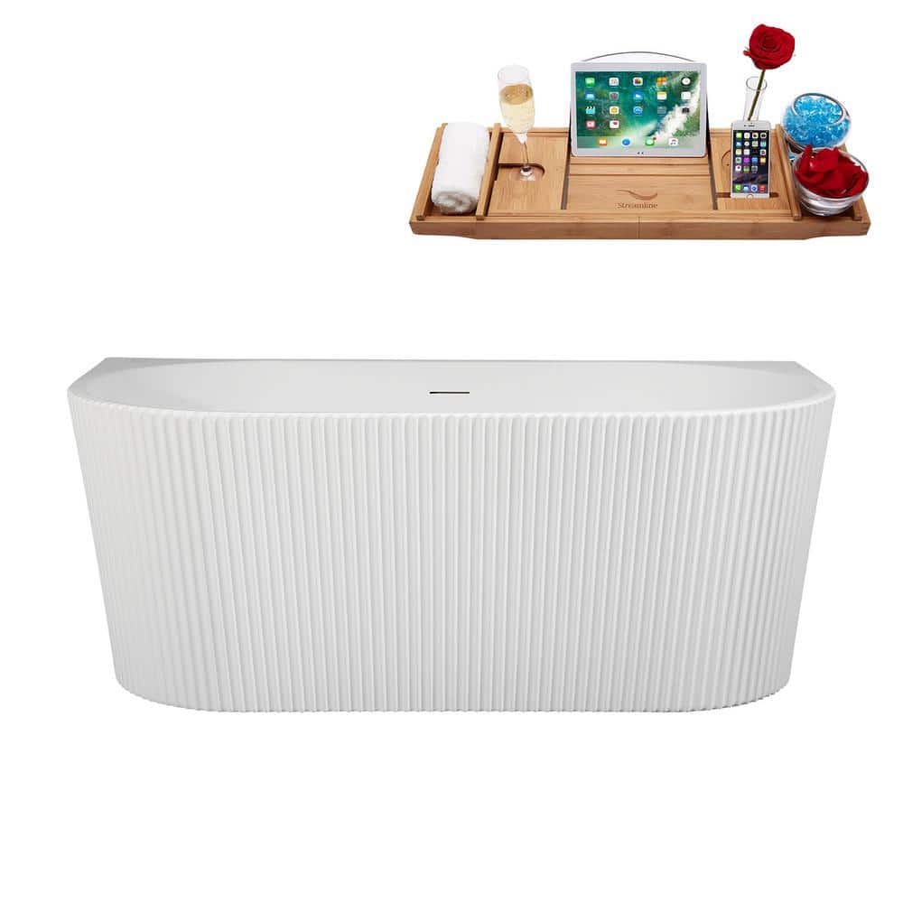 Streamline 59 in. x 29 in. Acrylic Freestanding Soaking Bathtub in Glossy White With Glossy White Drain, Bamboo Tray (1)