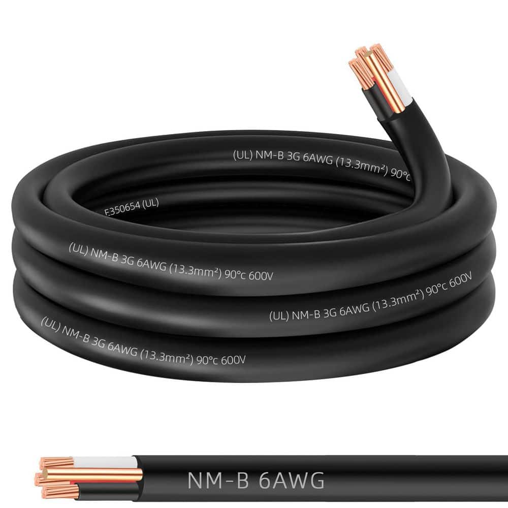 Unbranded 15 ft. 6 AWG 3 Conductor NM-B Indoor Stranded Copper Building Wire with Ground PVC Jacket for Branch Circuit, Black